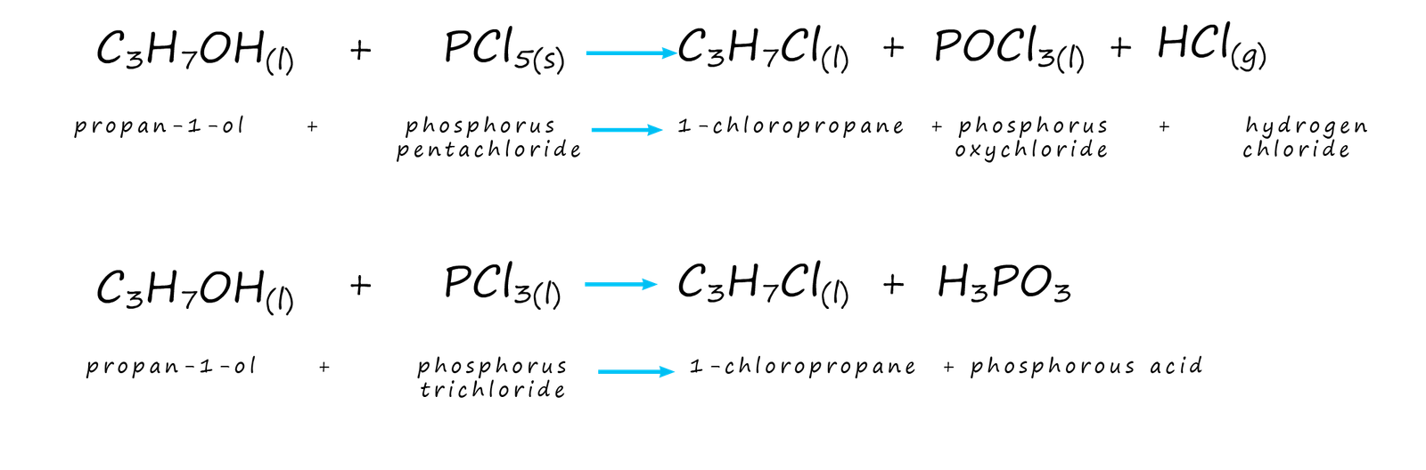 Equations to show the use of PCl5 and PCl3 as chlorinating agents for alcohols